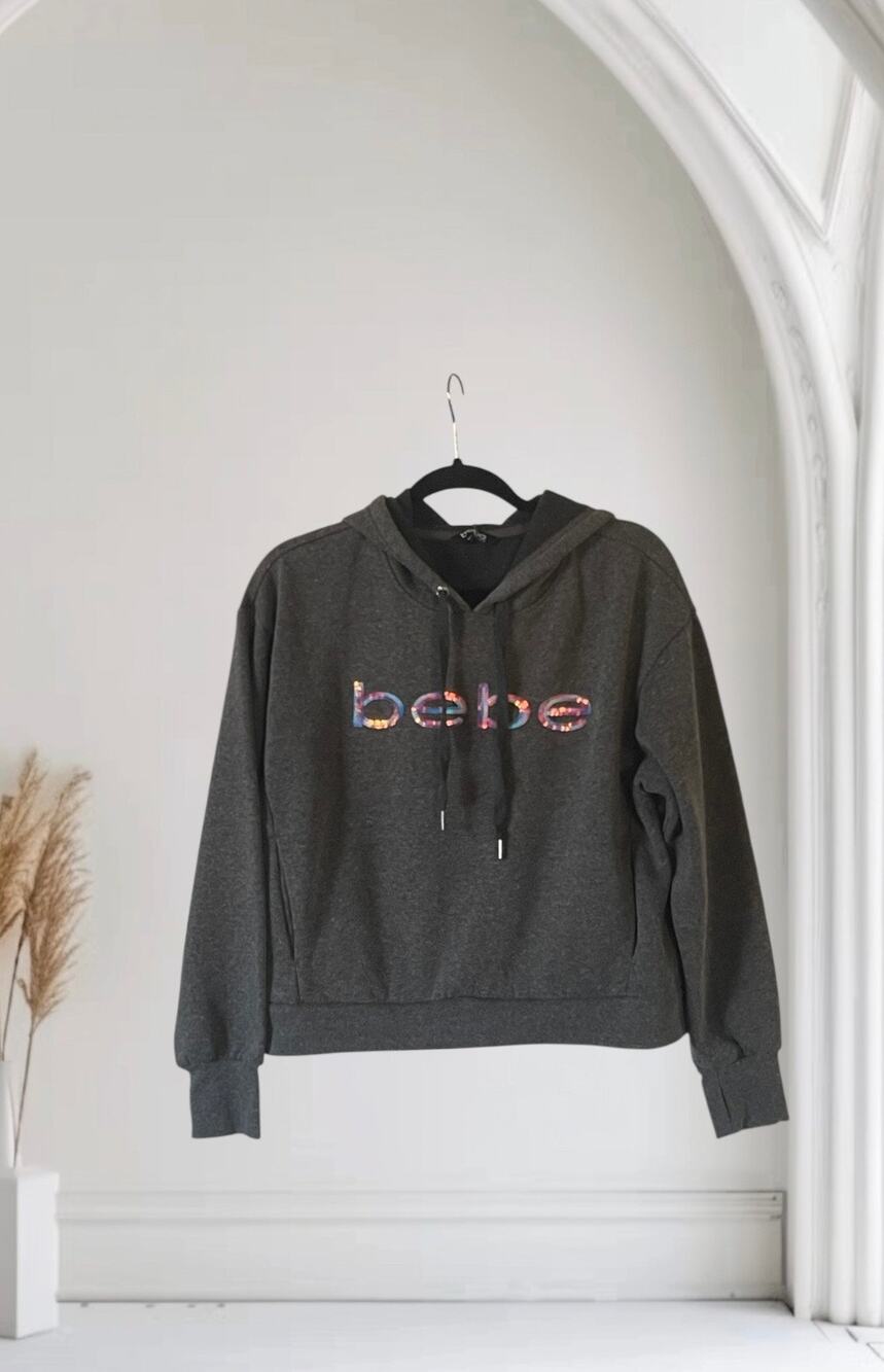BEBE Charcoal Sequin Hoodie Pockets Size Large